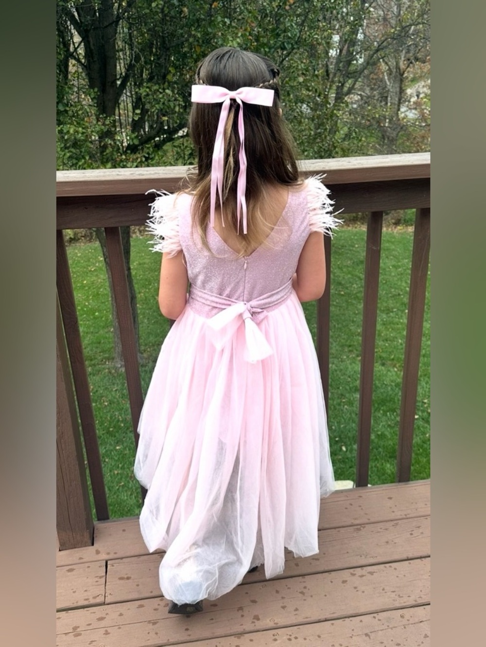 Lola + The Boys Pink Feather Sleeve Tulle Hi-Lo Dress